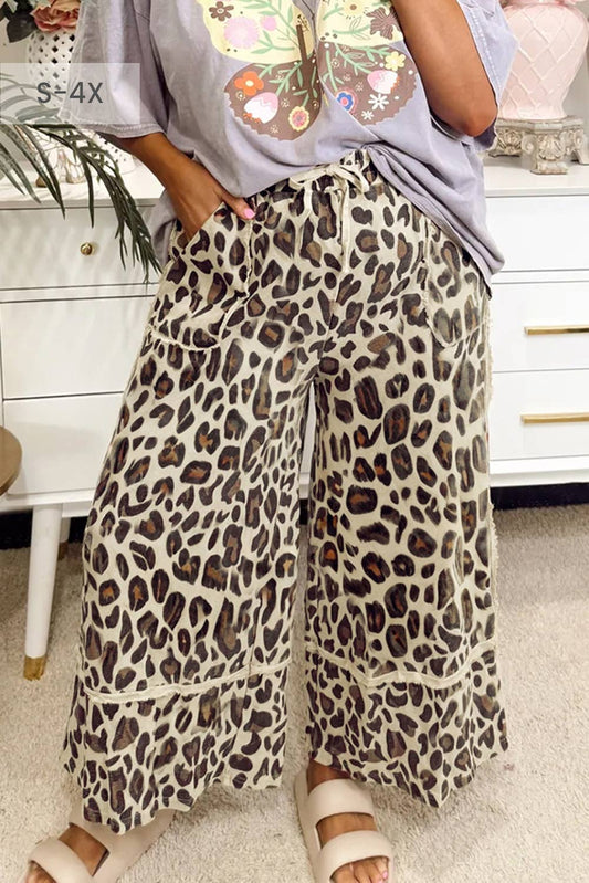 66 Khaki Leopard Wide Leg Cropped Pants (S-4X)