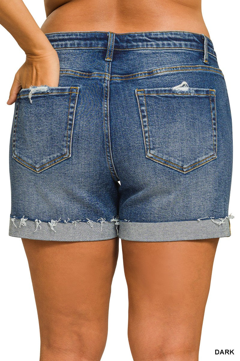 Plus Distressed Cuffed Raw Hem Denim Shorts