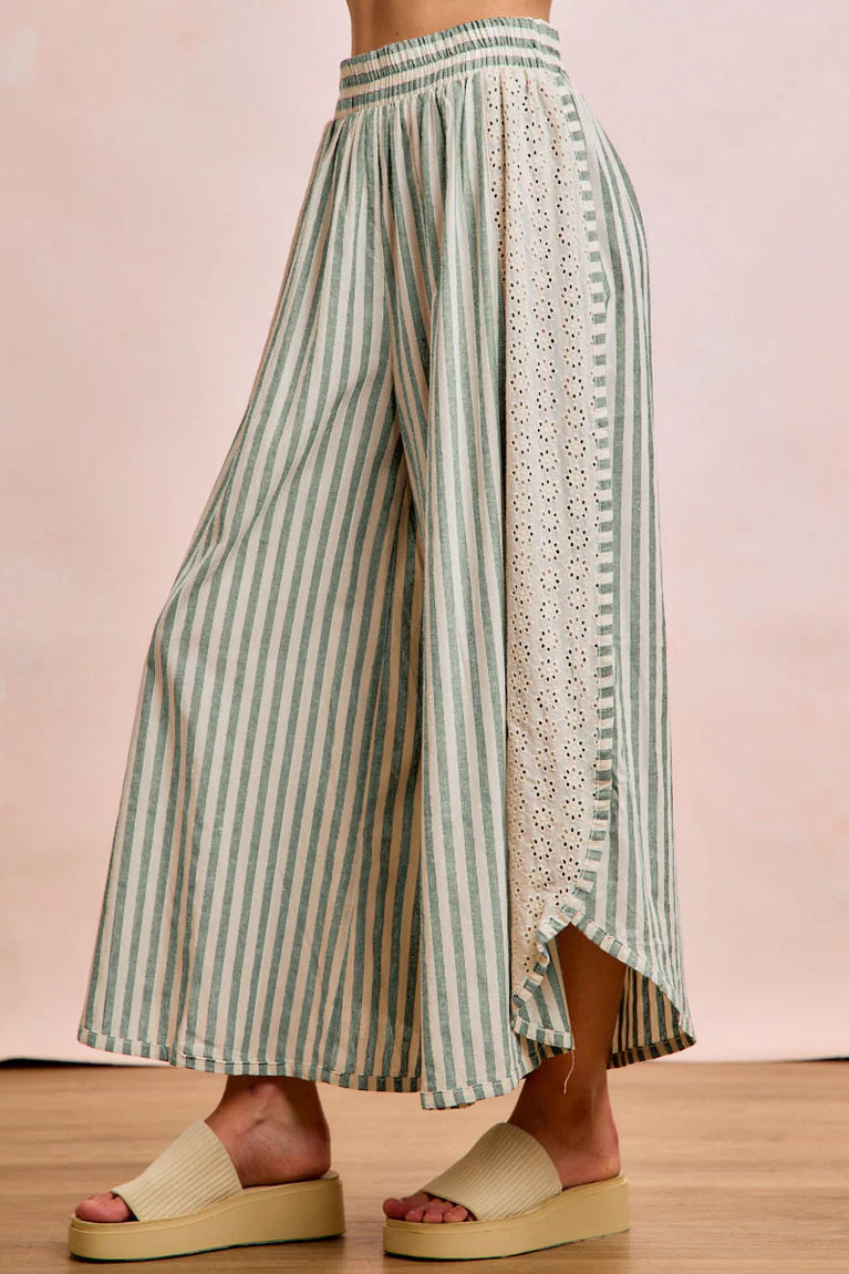 FLORAL EYELET SIDE ELASTIC STRIPES WIDE LEG PANTS