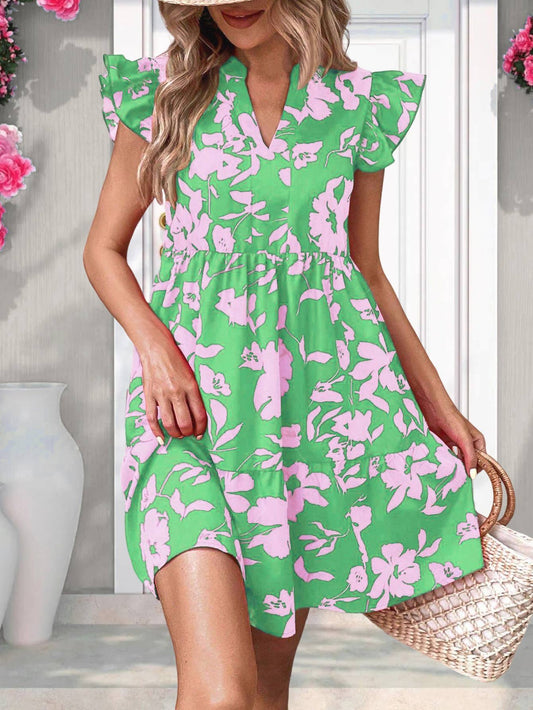 Pink Blossom Flutter-Sleeve Tiered Mini Dress