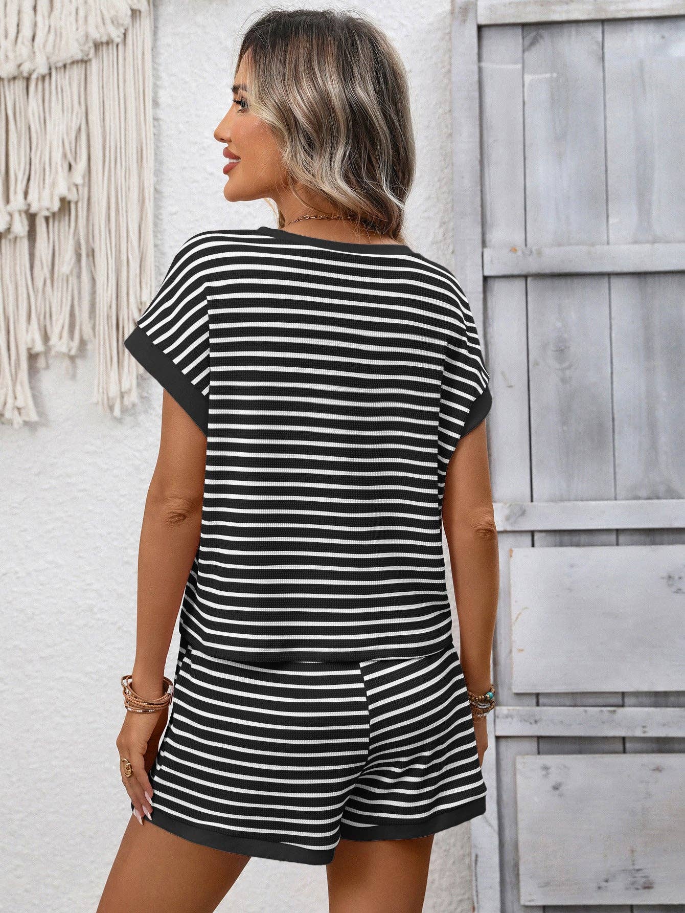 Striped Short Sleeve Top & Shorts Lounge Set M