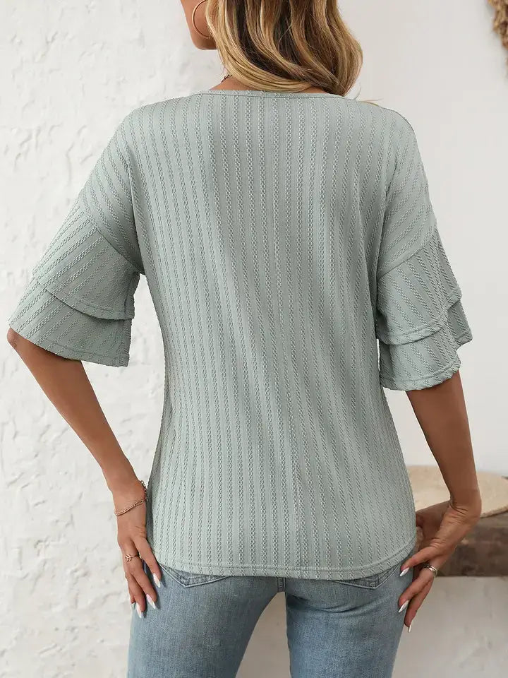 Solid V-Neck Ruffle Sleeve Short-Sleeve Top
