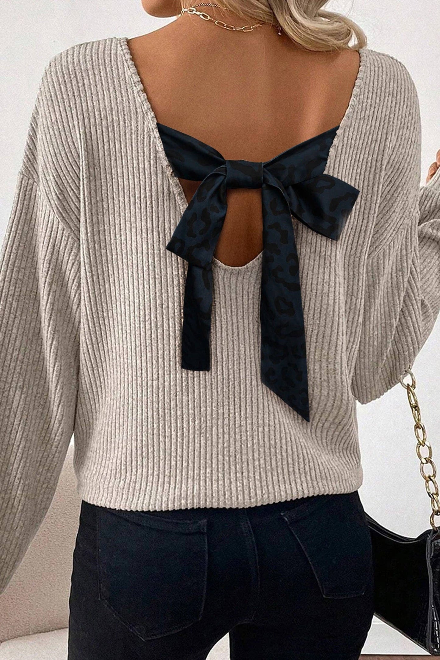 Bow Back Ribbed Knit V Neck Long Sleeve Top