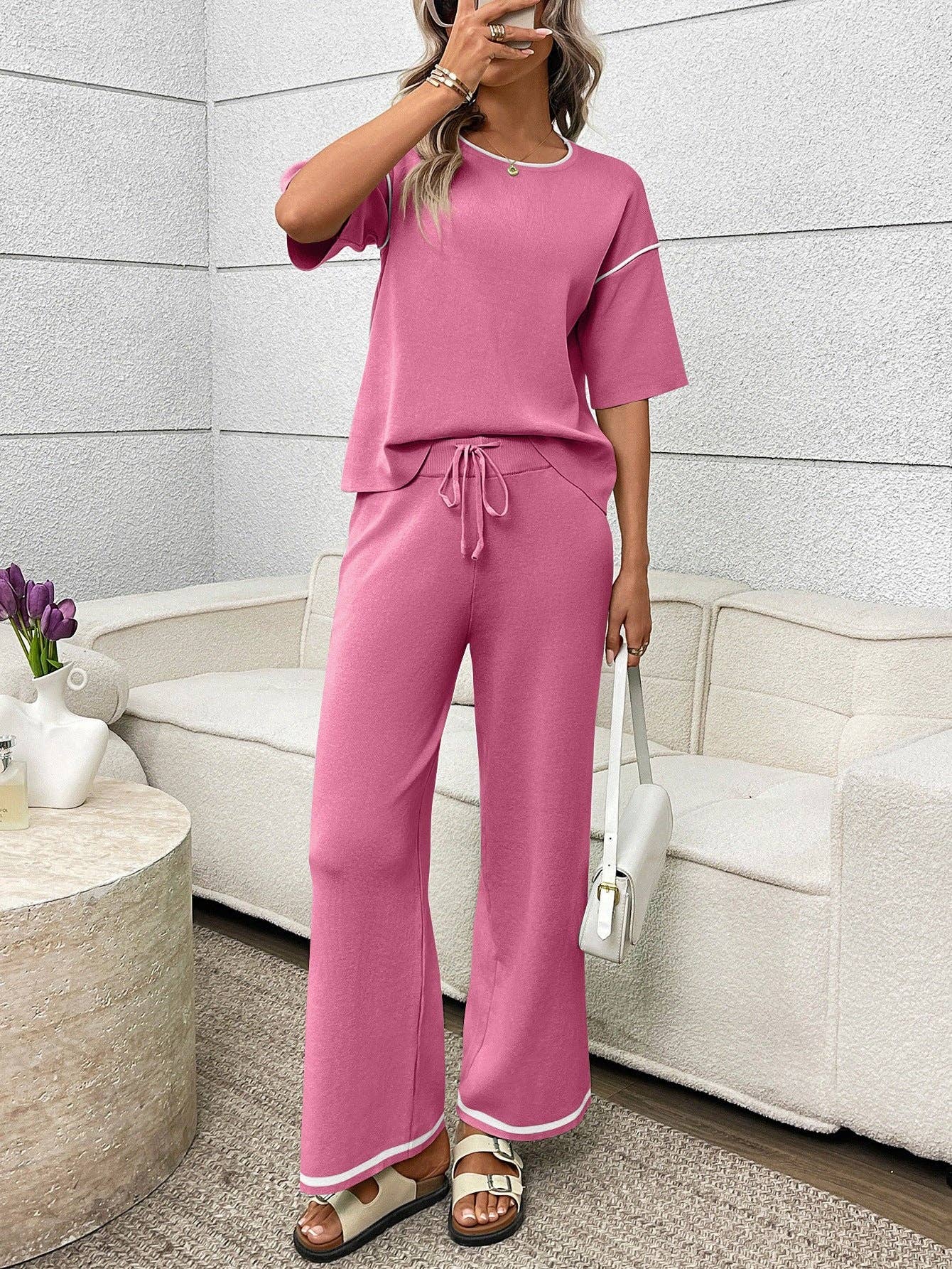 Mint Knit Lounge Set Short Sleeve Top Wide Leg Pants