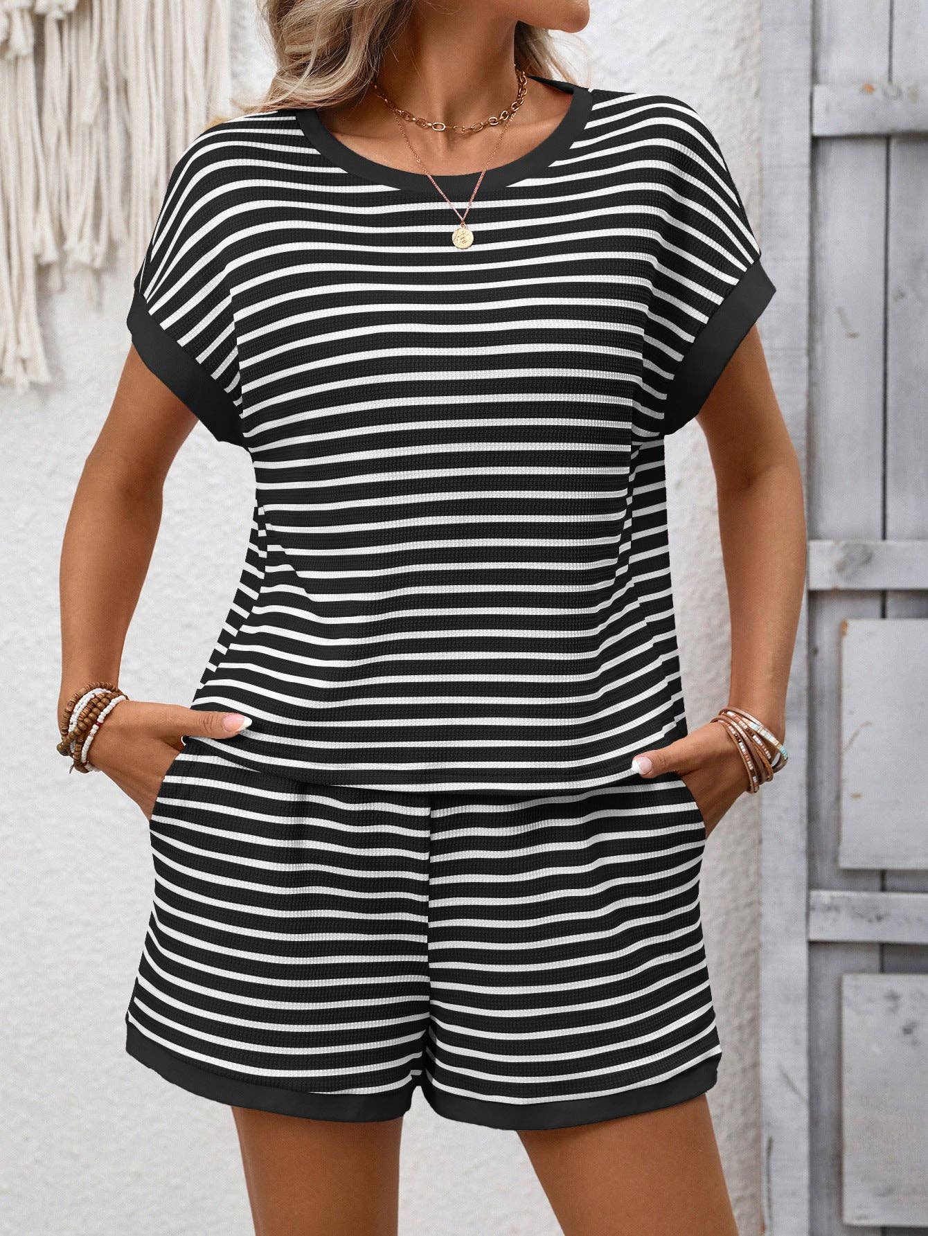 Striped Short Sleeve Top & Shorts Lounge Set: Pink