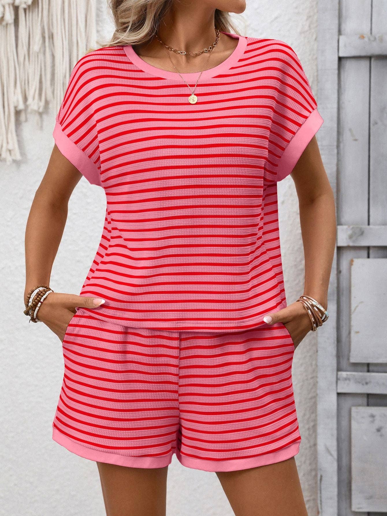 Striped Short Sleeve Top & Shorts Set
