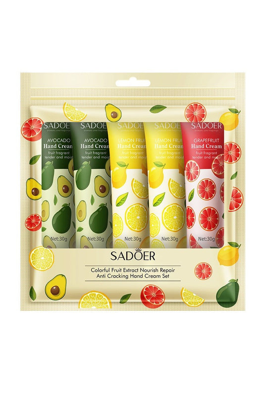 Fruit Extract Nourish Repair Hand Cream Set, pack of 5 tubes in avocado, lemon, and grapefruit flavors.