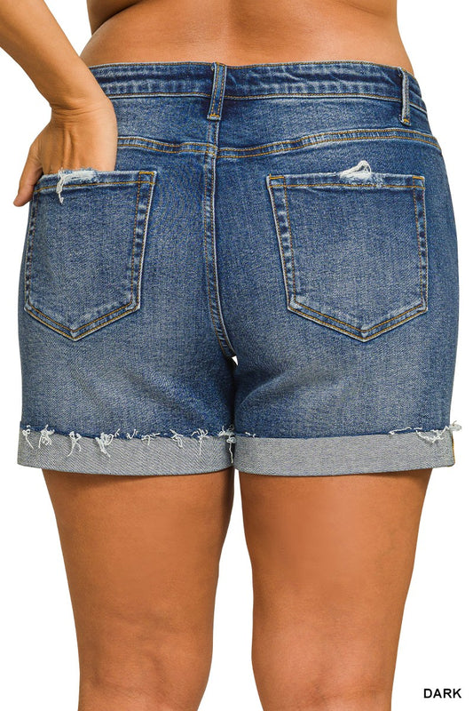 Plus Distressed Cuffed Raw Hem Denim Shorts