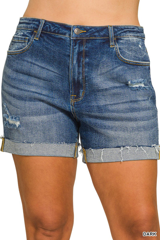Plus Distressed Cuffed Raw Hem Denim Shorts