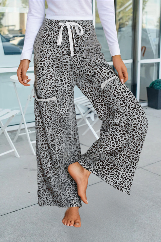 Animal Print Wide Leg Terry Knit Pants
