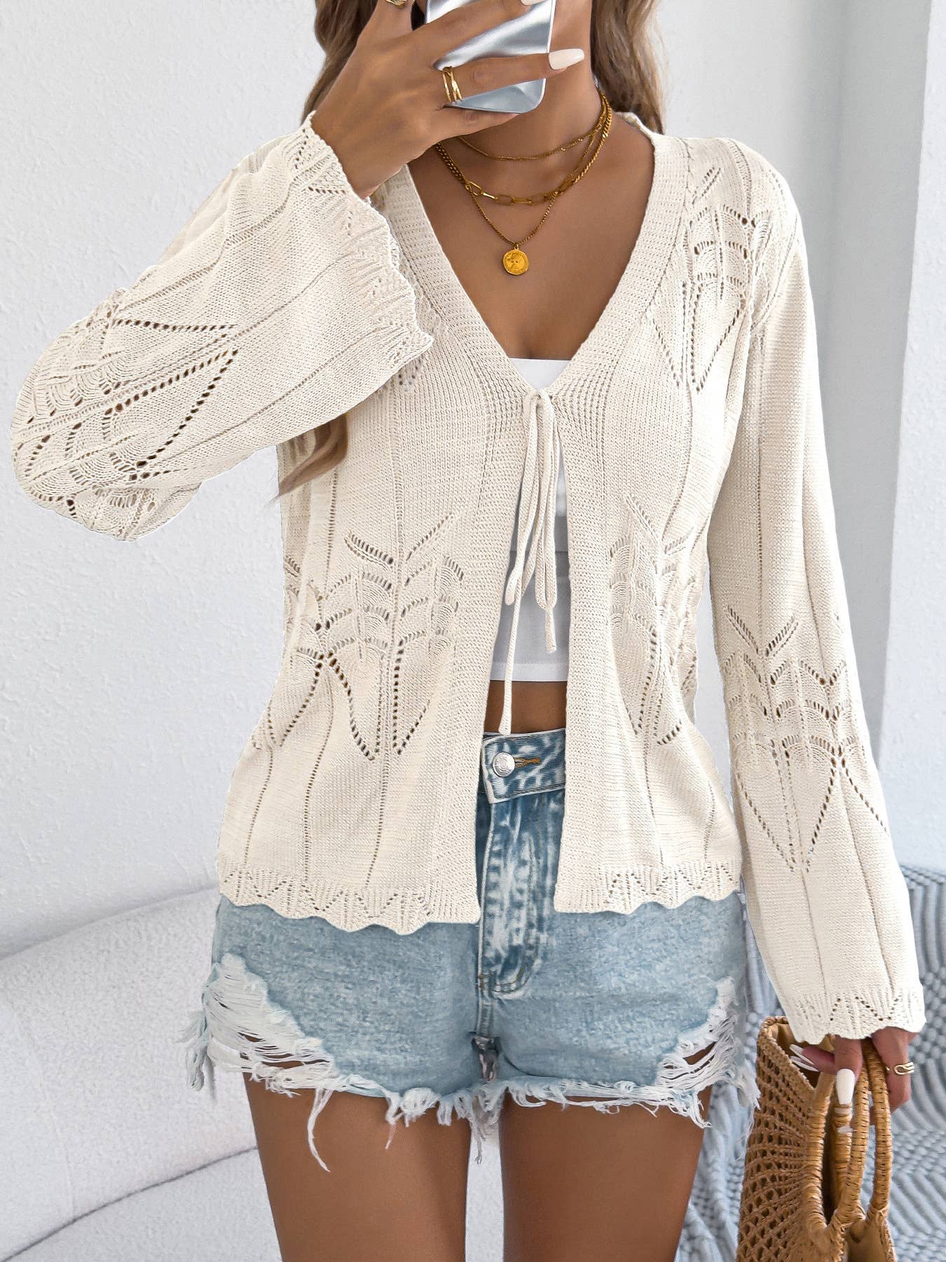V-Neck Open Knit Tie-Front Cardigan Top