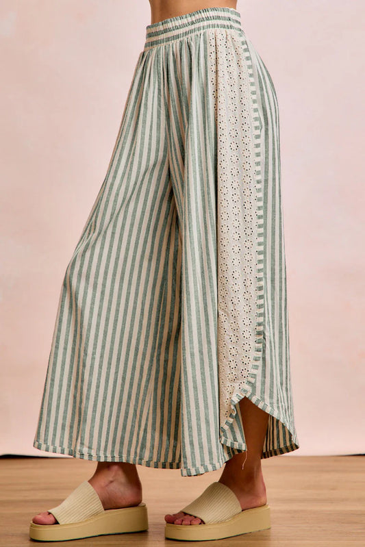FLORAL EYELET SIDE ELASTIC STRIPES WIDE LEG PANTS