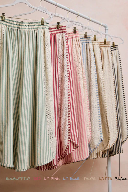 FLORAL EYELET SIDE ELASTIC STRIPES WIDE LEG PANTS