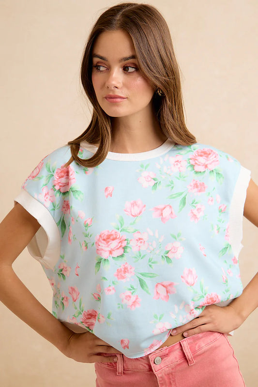 FLORAL PRINTED TERRY OPEN BACK SLEEVELESS TOP