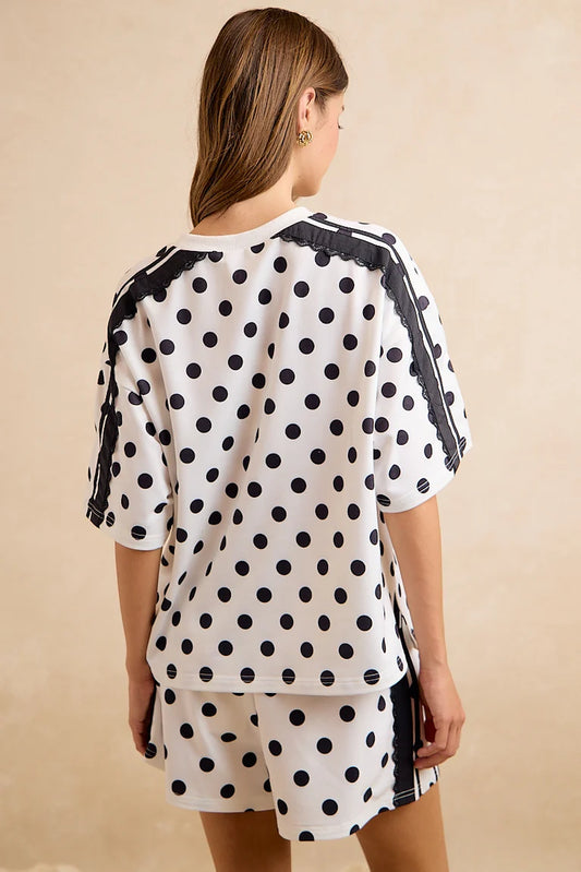 POLKA DOT TERRY SIDE LACE TRIM SHORT SLEEVES TOP