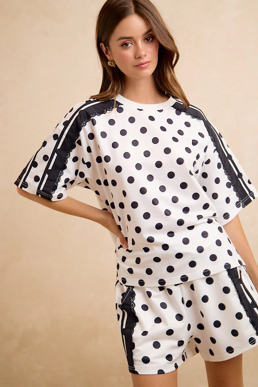 POLKA DOT TERRY SIDE LACE TRIM SHORTS WITH SIDE POCKETS